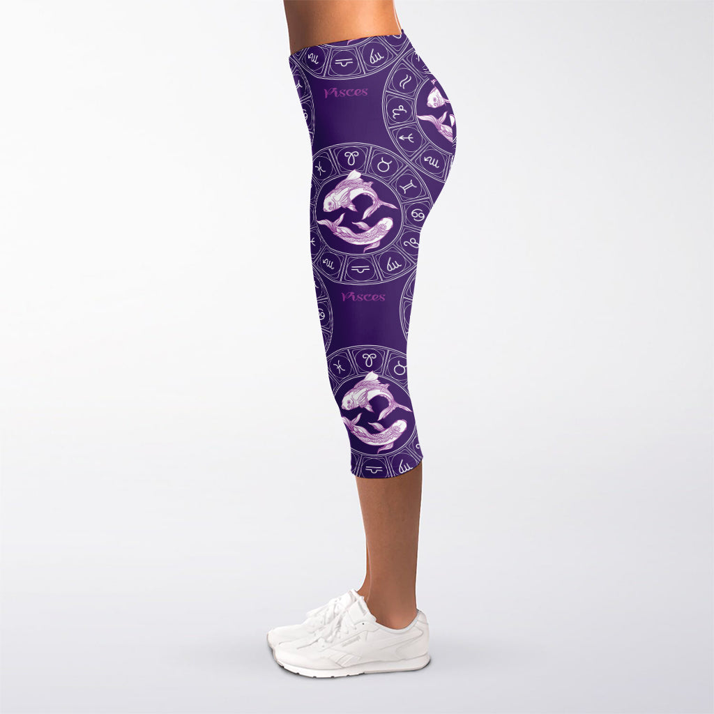 Purple Pisces Zodiac Pattern Print Women's Capri Leggings