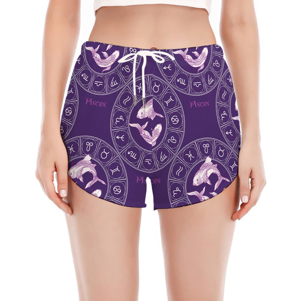 Purple Pisces Zodiac Pattern Print Women's Split Running Shorts