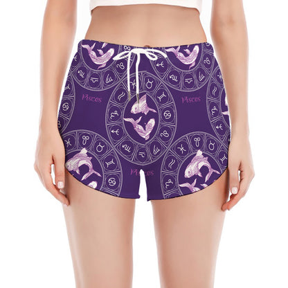 Purple Pisces Zodiac Pattern Print Women's Split Running Shorts