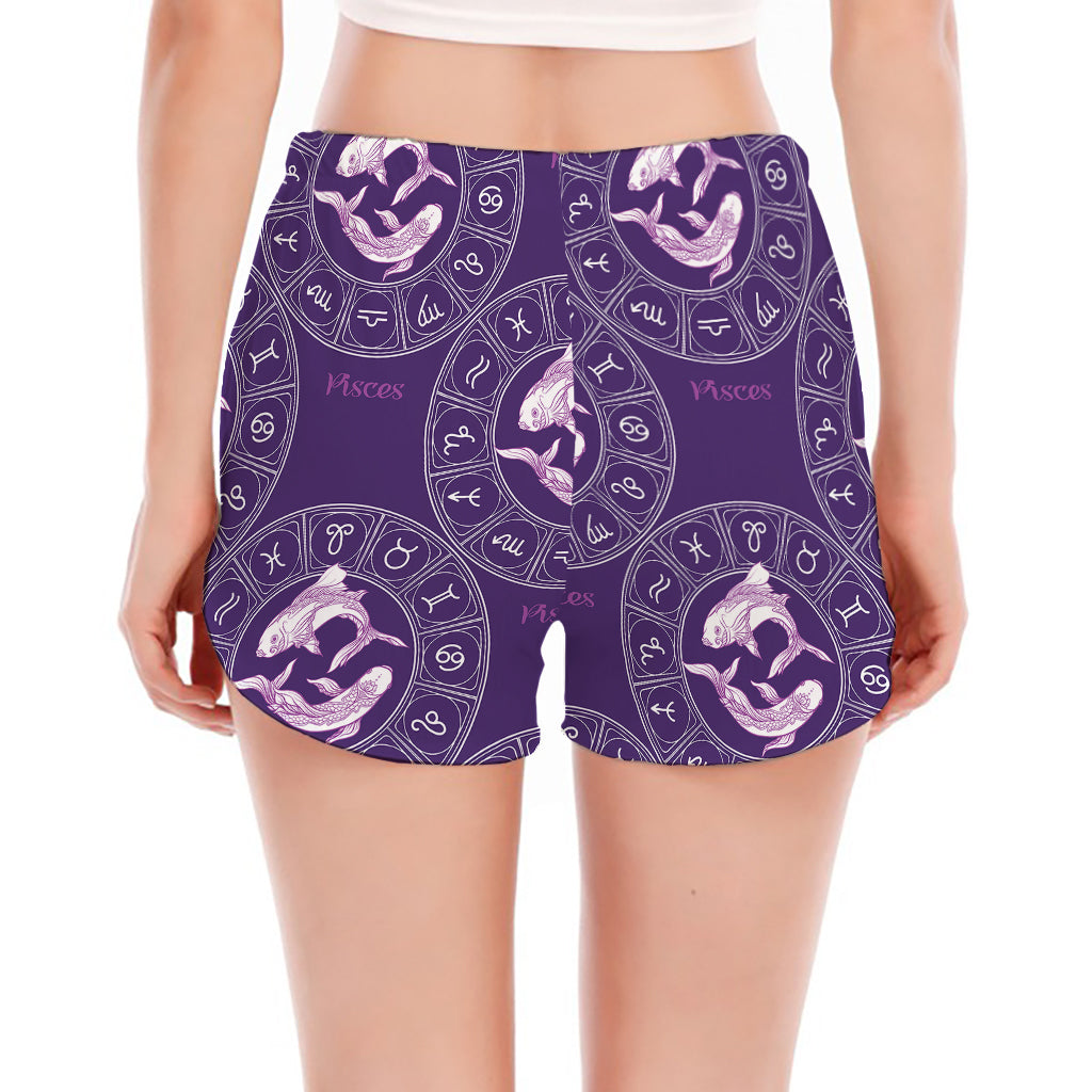 Purple Pisces Zodiac Pattern Print Women's Split Running Shorts