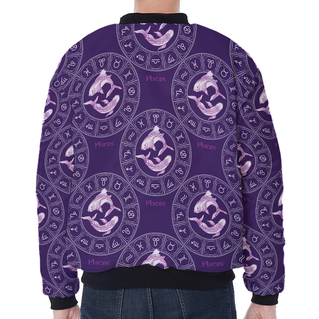 Purple Pisces Zodiac Pattern Print Zip Sleeve Bomber Jacket