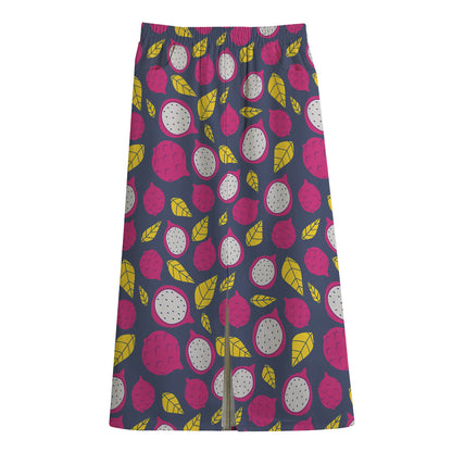 Purple Pitaya Pattern Print Cotton Front Slit Maxi Skirt
