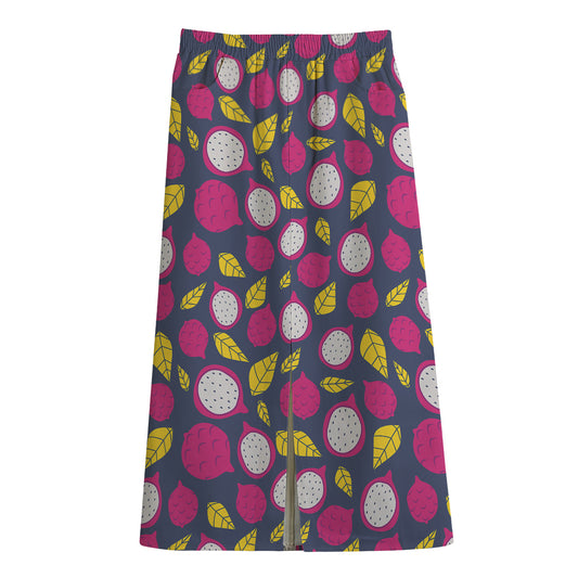 Purple Pitaya Pattern Print Cotton Front Slit Maxi Skirt