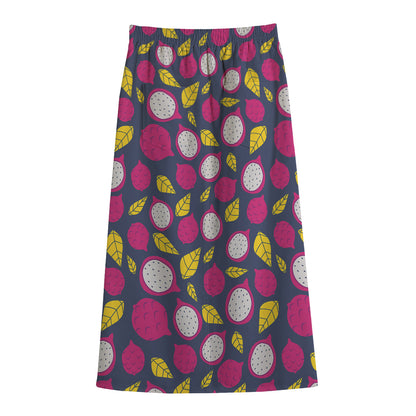 Purple Pitaya Pattern Print Cotton Front Slit Maxi Skirt