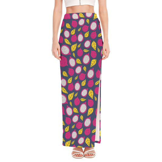 Purple Pitaya Pattern Print High Slit Maxi Skirt
