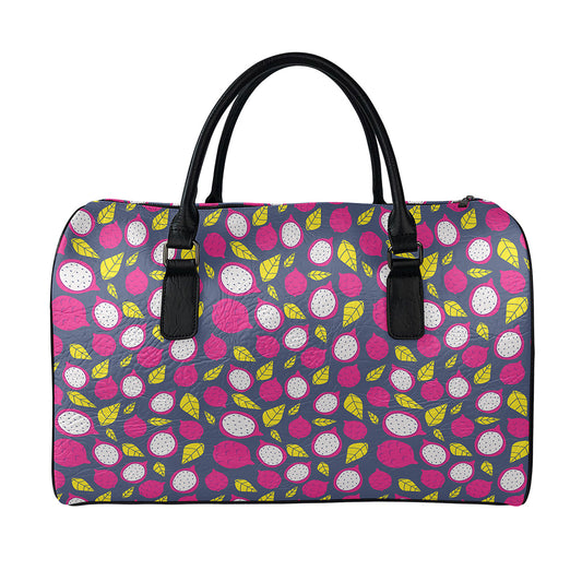 Purple Pitaya Pattern Print Leather Duffle Bag