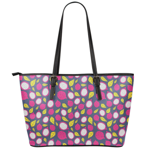 Purple Pitaya Pattern Print Leather Tote Bag