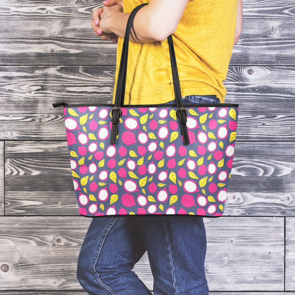 Purple Pitaya Pattern Print Leather Tote Bag
