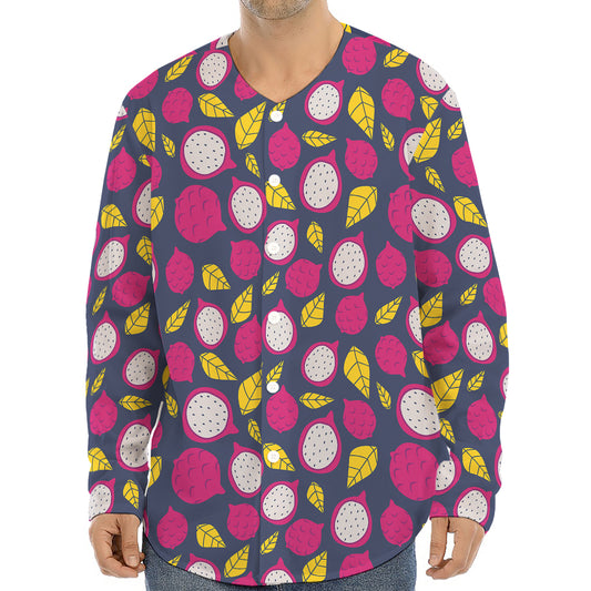 Purple Pitaya Pattern Print Long Sleeve Baseball Jersey