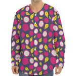Purple Pitaya Pattern Print Long Sleeve Baseball Jersey