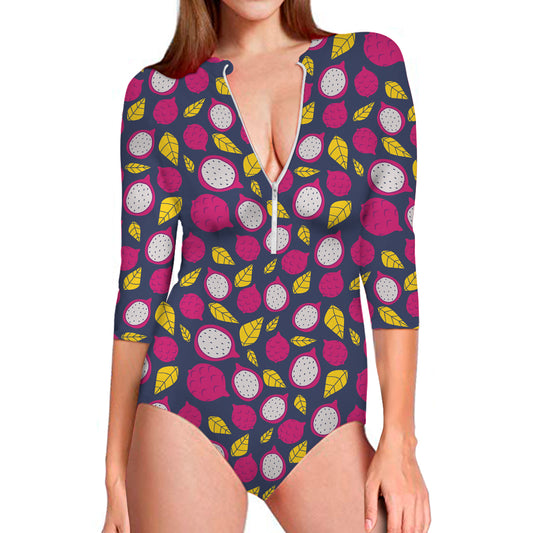 Purple Pitaya Pattern Print Long Sleeve Swimsuit