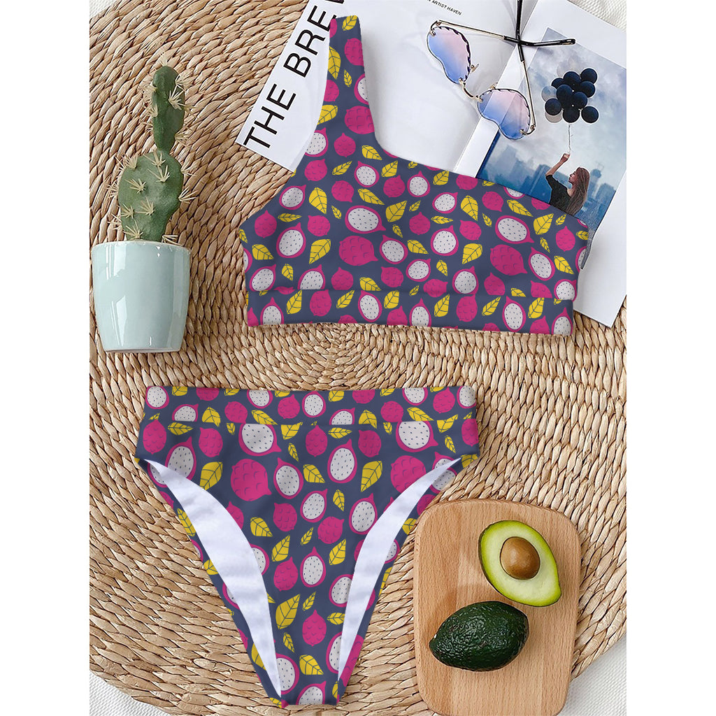 Purple Pitaya Pattern Print One Shoulder Bikini Top
