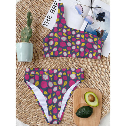 Purple Pitaya Pattern Print One Shoulder Bikini Top