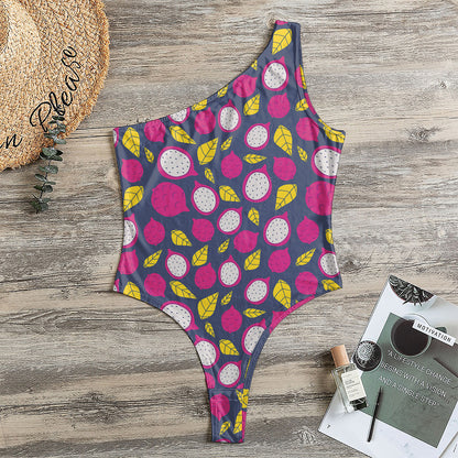 Purple Pitaya Pattern Print One Shoulder Bodysuit