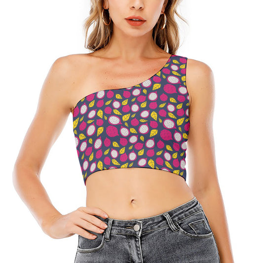 Purple Pitaya Pattern Print One Shoulder Crop Top