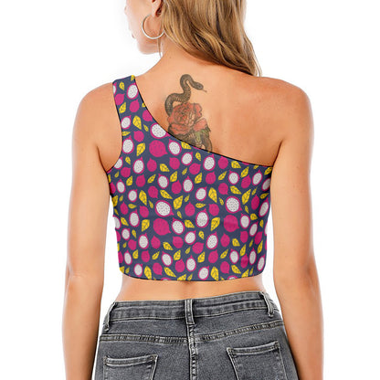 Purple Pitaya Pattern Print One Shoulder Crop Top