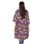 Purple Pitaya Pattern Print Open Front Beach Cover Up