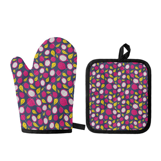 Purple Pitaya Pattern Print Oven Mitt And Pot Holder Set