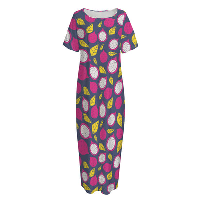 Purple Pitaya Pattern Print Short Sleeve Long Nightdress