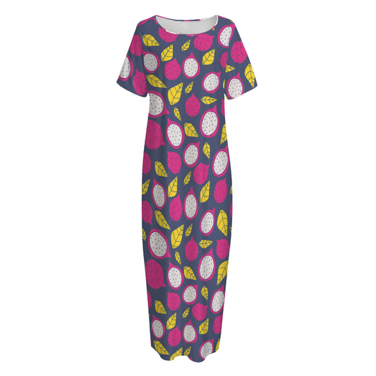 Purple Pitaya Pattern Print Short Sleeve Long Nightdress