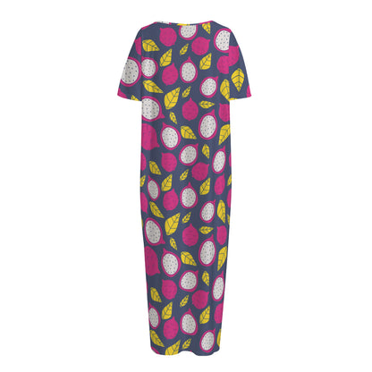 Purple Pitaya Pattern Print Short Sleeve Long Nightdress