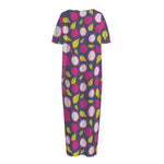 Purple Pitaya Pattern Print Short Sleeve Long Nightdress