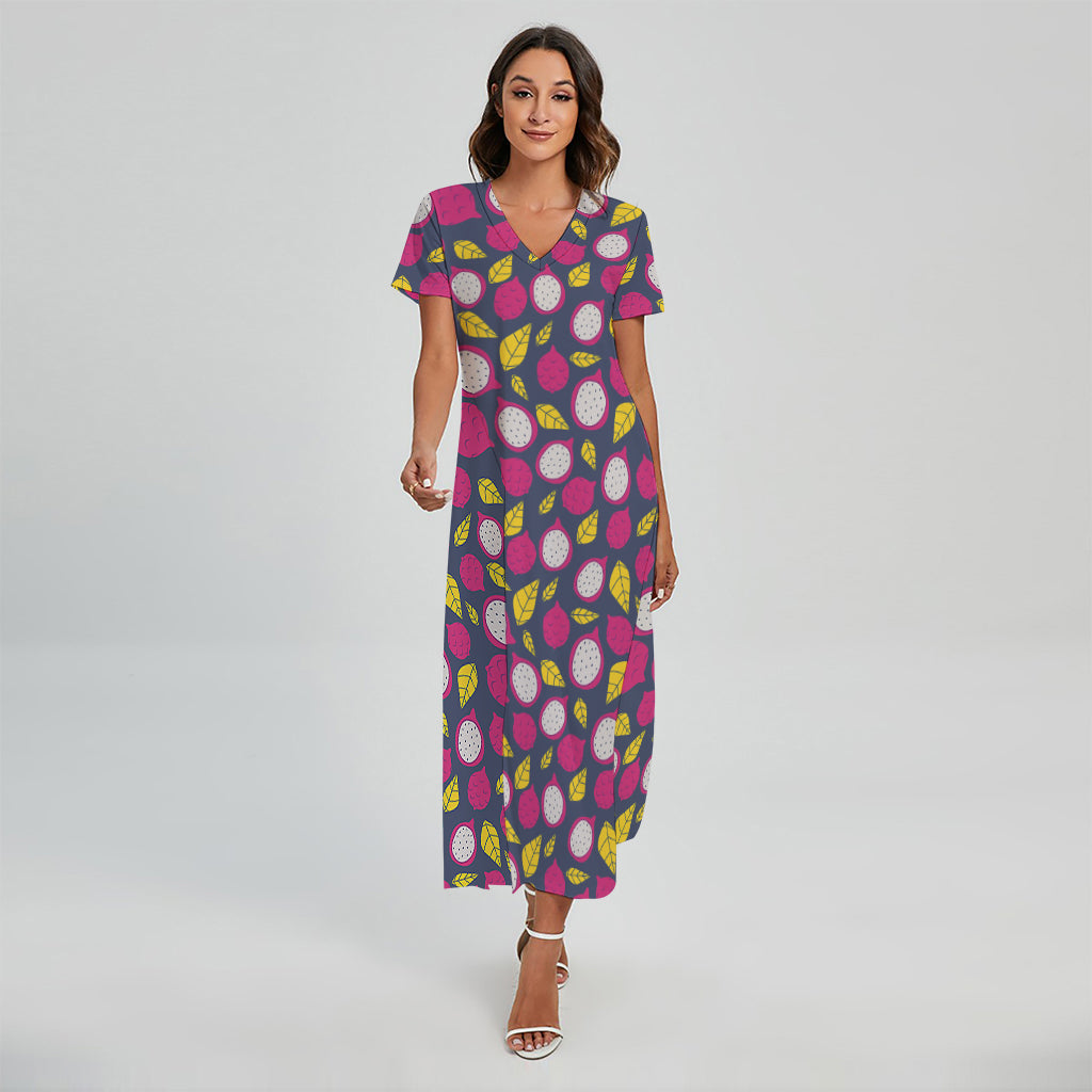 Purple Pitaya Pattern Print Short Sleeve Maxi Dress