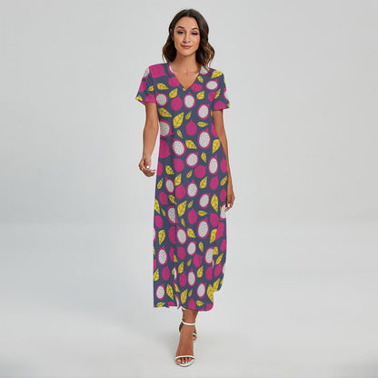 Purple Pitaya Pattern Print Short Sleeve Maxi Dress