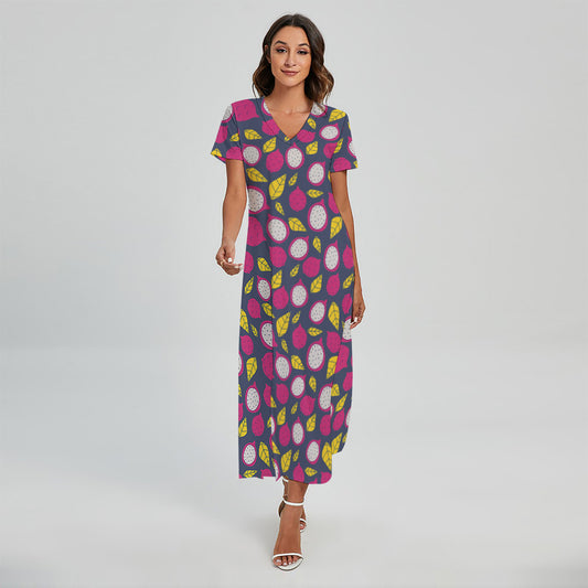Purple Pitaya Pattern Print Short Sleeve Maxi Dress
