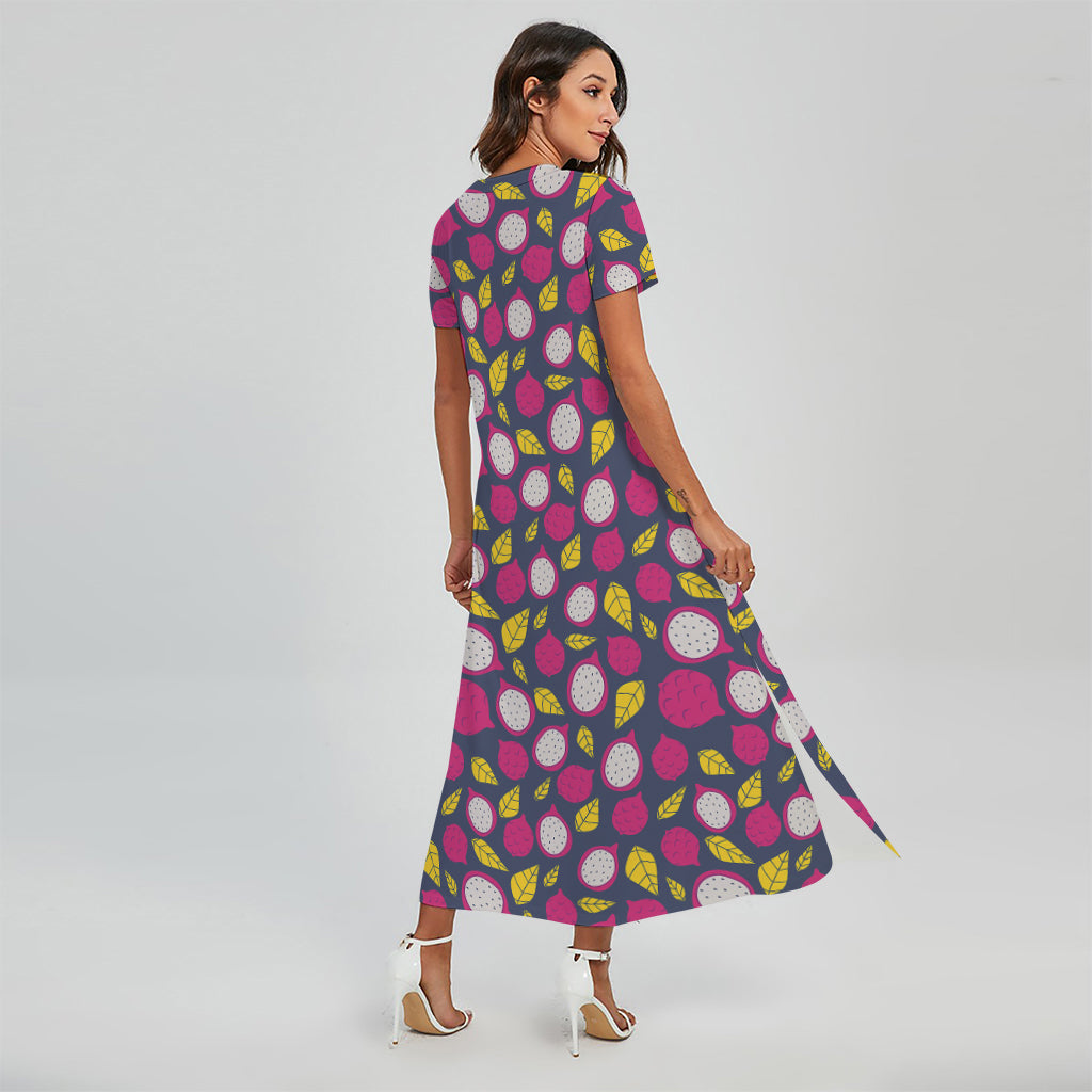 Purple Pitaya Pattern Print Short Sleeve Maxi Dress