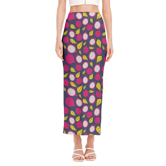 Purple Pitaya Pattern Print Side Slit Maxi Skirt
