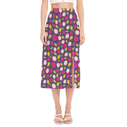Purple Pitaya Pattern Print Side Slit Midi Skirt