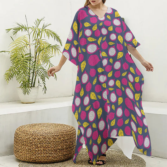 Purple Pitaya Pattern Print Silk V-Neck Kaftan Dress
