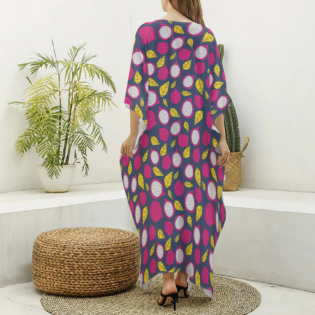 Purple Pitaya Pattern Print Silk V-Neck Kaftan Dress