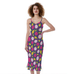 Purple Pitaya Pattern Print Slim Fit Midi Cami Dress