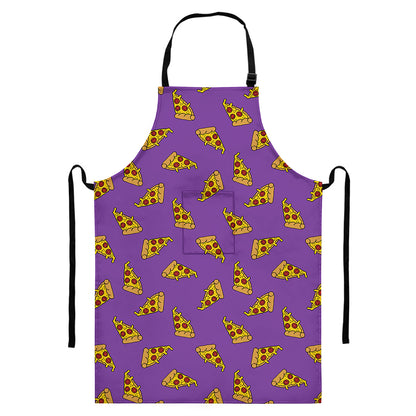 Purple Pizza Pattern Print Bib Apron With Pocket