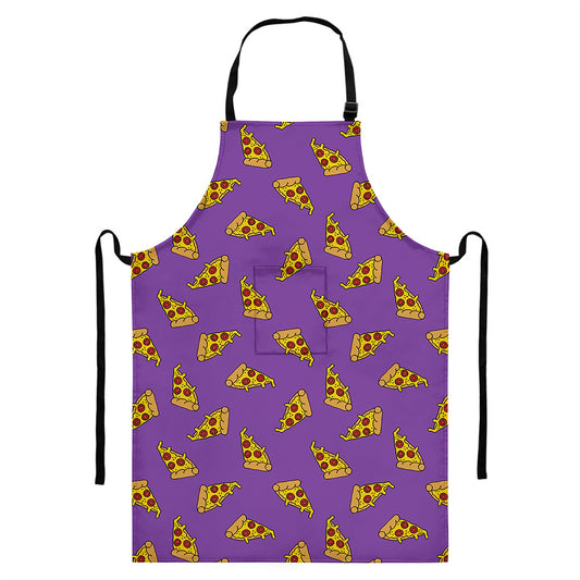 Purple Pizza Pattern Print Bib Apron With Pocket