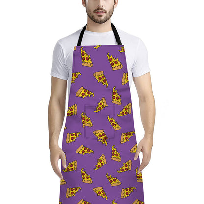 Purple Pizza Pattern Print Bib Apron With Pocket