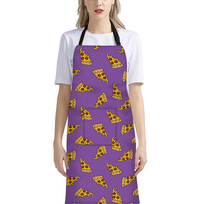 Purple Pizza Pattern Print Bib Apron With Pocket