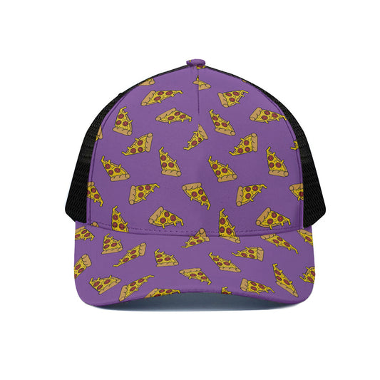 Purple Pizza Pattern Print Black Mesh Trucker Cap