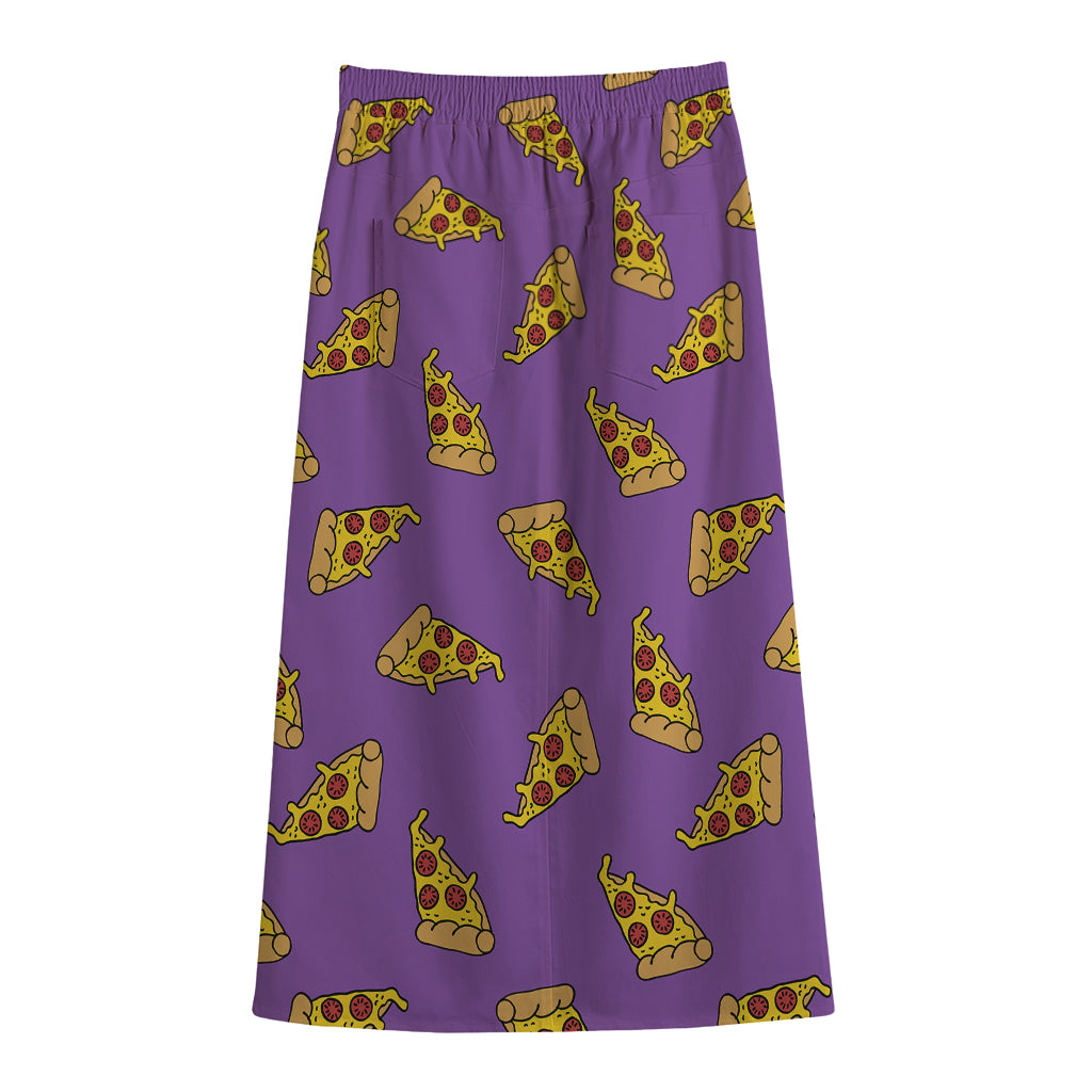 Purple Pizza Pattern Print Cotton Front Slit Maxi Skirt