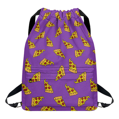 Purple Pizza Pattern Print Drawstring Backpack