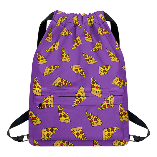 Purple Pizza Pattern Print Drawstring Backpack