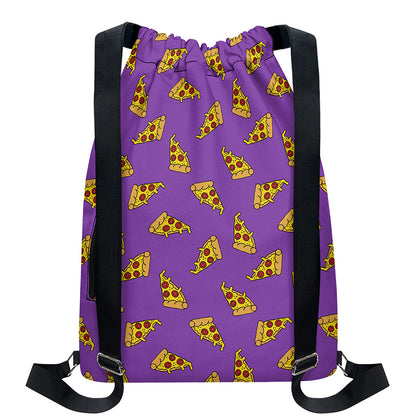Purple Pizza Pattern Print Drawstring Backpack