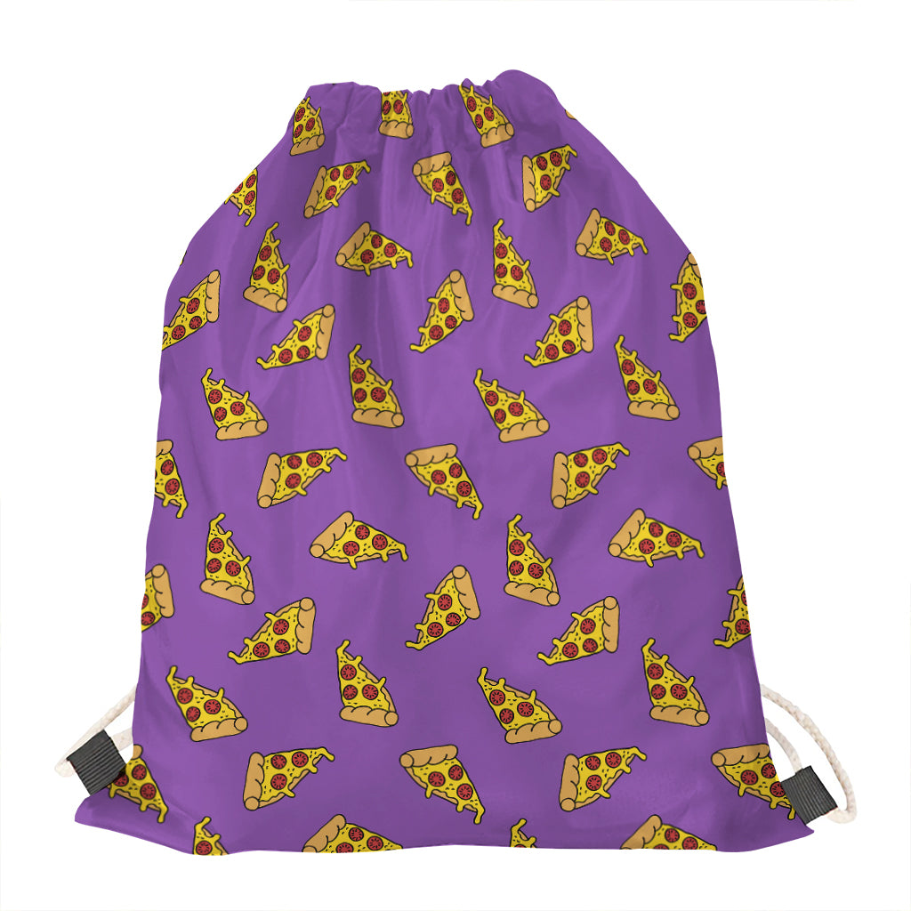 Purple Pizza Pattern Print Drawstring Bag