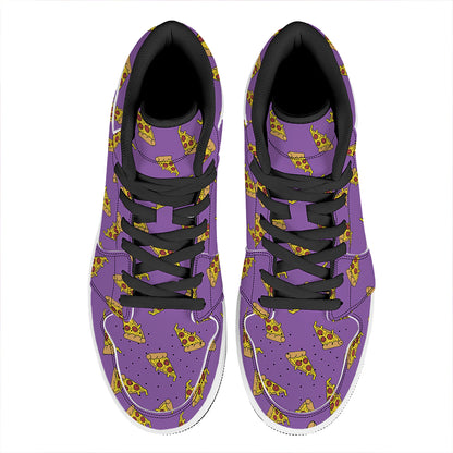 Purple Pizza Pattern Print High Top Leather Sneakers