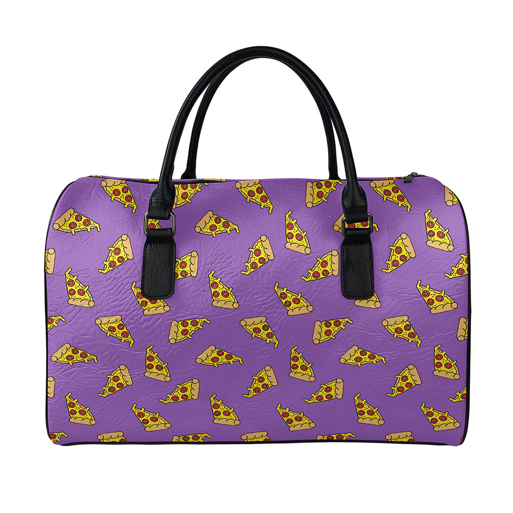 Purple Pizza Pattern Print Leather Duffle Bag