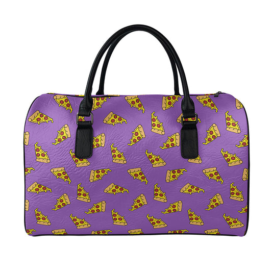 Purple Pizza Pattern Print Leather Duffle Bag