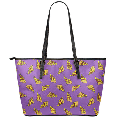 Purple Pizza Pattern Print Leather Tote Bag