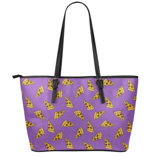 Purple Pizza Pattern Print Leather Tote Bag